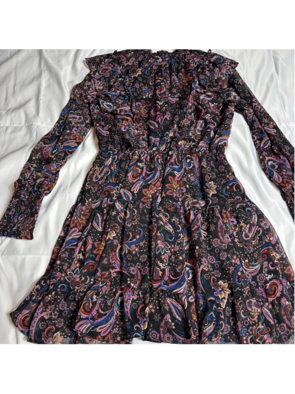 Women's Fate Black Multi-color Paisley Smocked Ruffle Long Sleeve Dress S